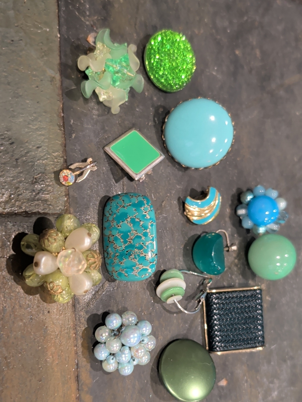 Assorted Green & Aqua Vintage Clip-On and Stud Earrings Set